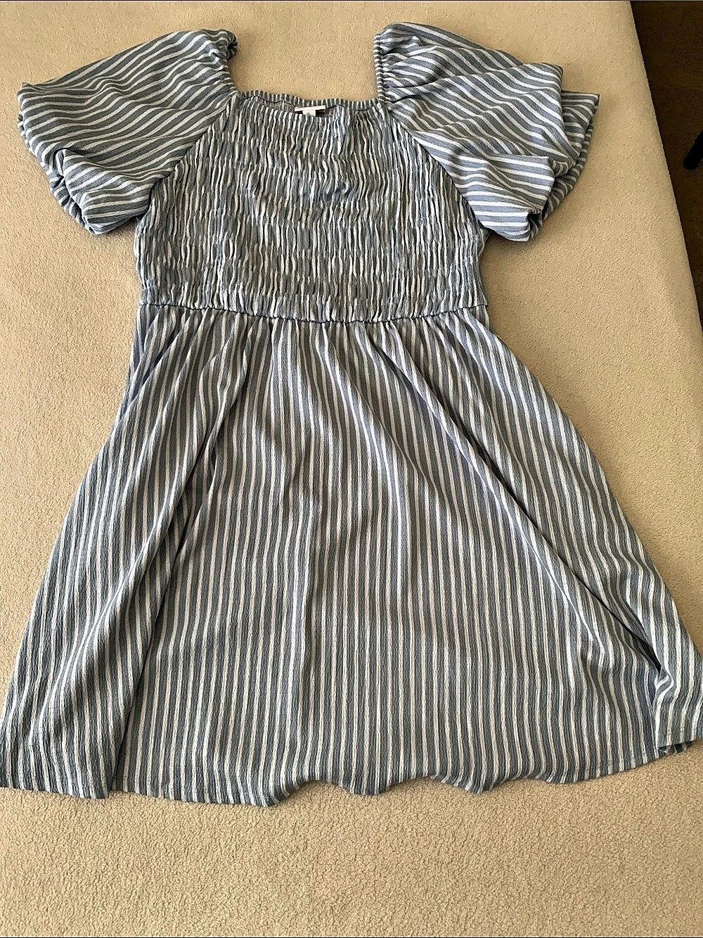 Smocked Puff-Sleeve Flare Mini Dress Blue & White